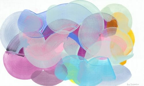 An original piece of wall art from Canadian artist Claire Desjardins. Blue, orange, pink and purple abstract swirls intertwine on a white background to create a beautiful piece of decor.