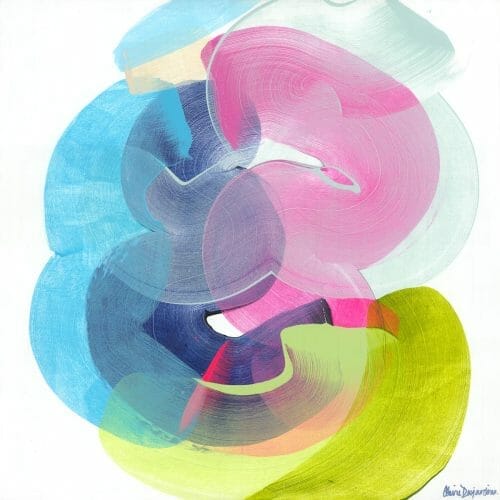 An original piece of wall art from Canadian artist Claire Desjardins. Light blue, dark blue, pink and green abstract swirls intertwine on a white background to create a beautiful piece of decor.