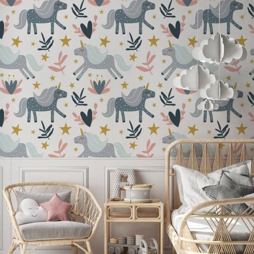 unicorns, stars, nursery, girl's bedroom, pink, blue, wallpaper