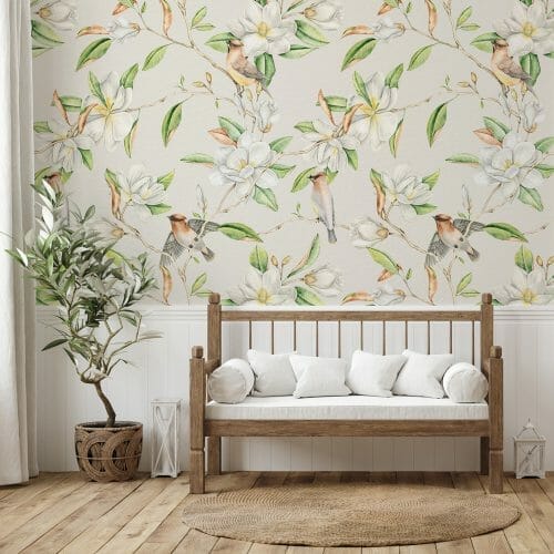 living room, bedroom, birds, trees, branches, forest, wings, leaves, green, flowers, white
