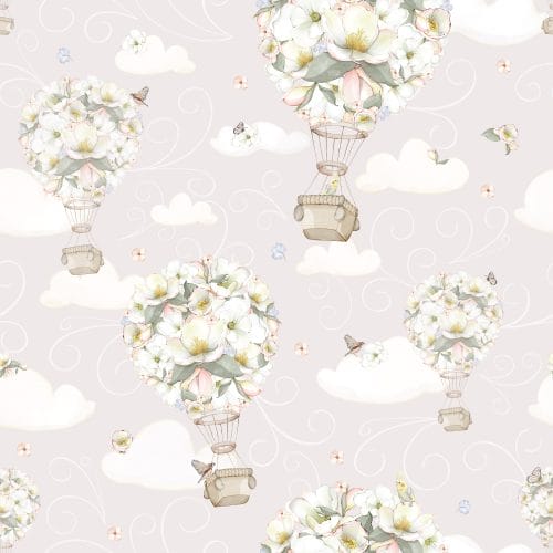 hot air balloons, flowers, clouds, children, nursery, playroom, whimsical, purple, white