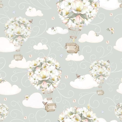 hot air balloons, flowers, clouds, children, nursery, playroom, whimsical, blue, white