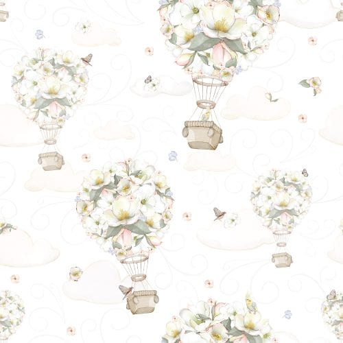 hot air balloons, flowers, clouds, children, nursery, playroom, whimsical, white