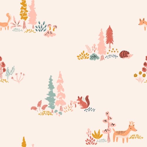 pink, forest, animals, trees, woodland, nursery, childrens room, squirrel, hedgehog, fox, blue, orange