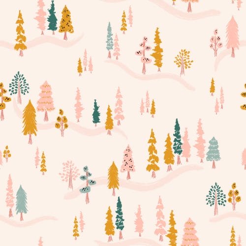 pink, forest, trees, woodland, nursery, childrens room, blue, orange