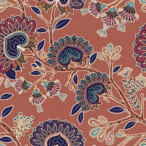 paisley, brown, pink, blue, flowers, living room, bedroom, leaves, branches