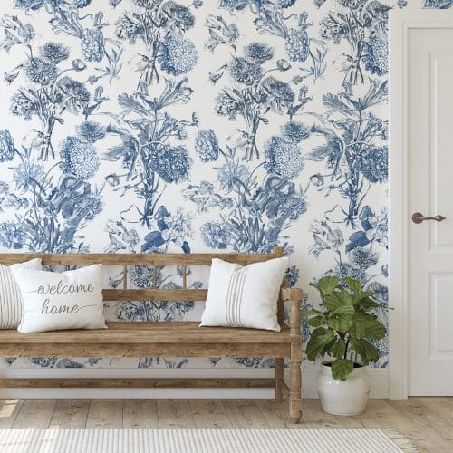 blue, white, flowers, floral, toile, bathroom, bedroom, living room