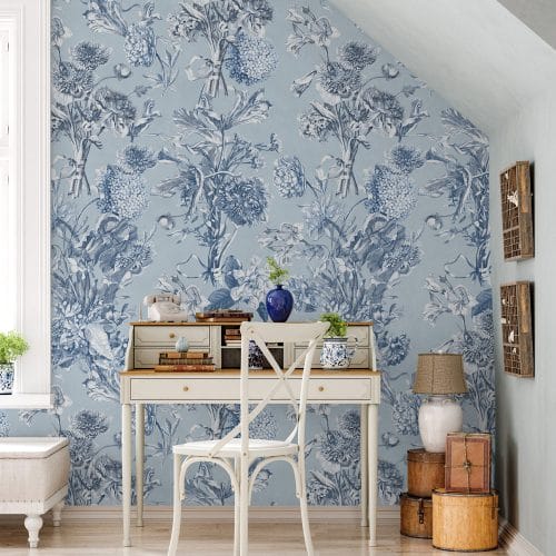 blue, white, flowers, floral, toile, bathroom, bedroom, living room