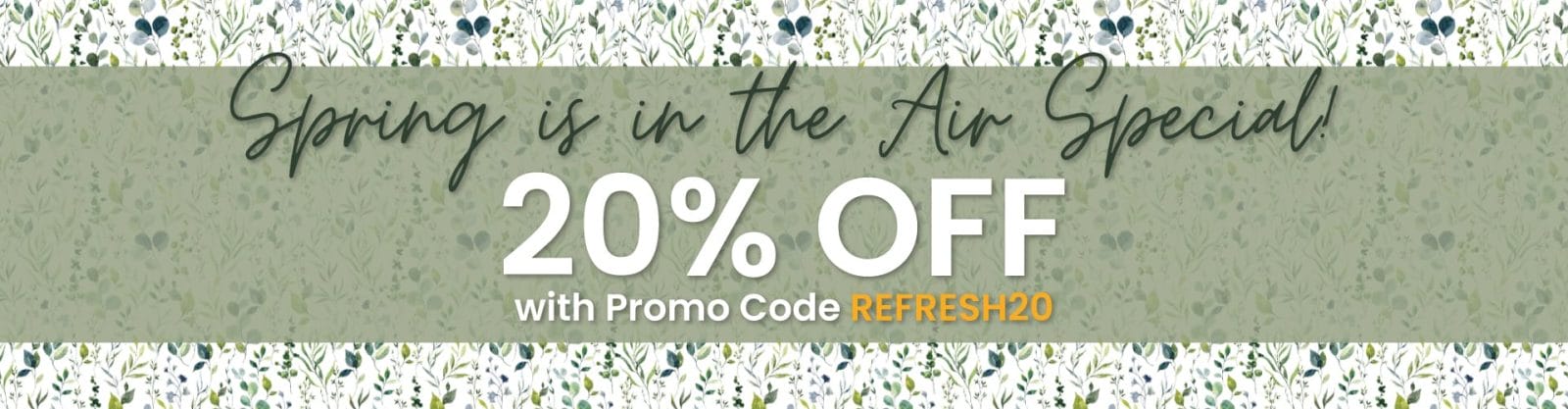 A green floral background with a discount code for 20% off. The discount code reads FRESH20.